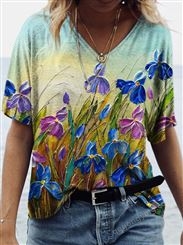 2023夏季欧美女装 新款水彩 风景花卉印花v领短袖T恤